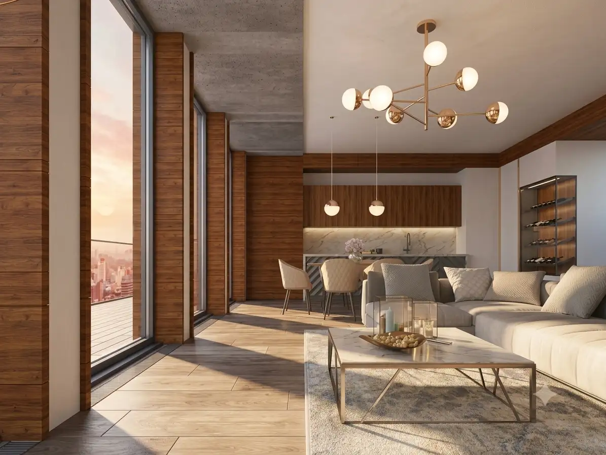 Interior living room render with red wood paneling