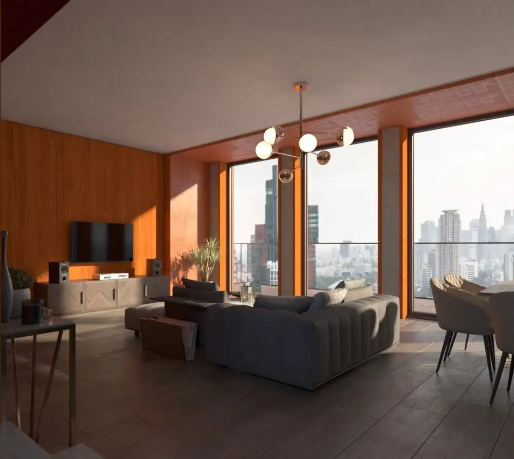 Interior living room render with city skyline view